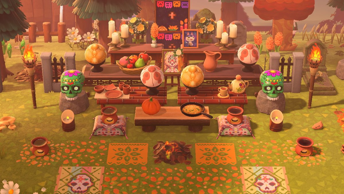 mandarined's tweet image. Esta es la ofrenda de Día de Muertos que hice en #AnimalCrossingNewHorizons, no hay muchas cosas que se puedan usar pero creo que quedó bien y como sé que es diferente en cada región, yo nomás la hice parecida a la que hace mi abuelita :)