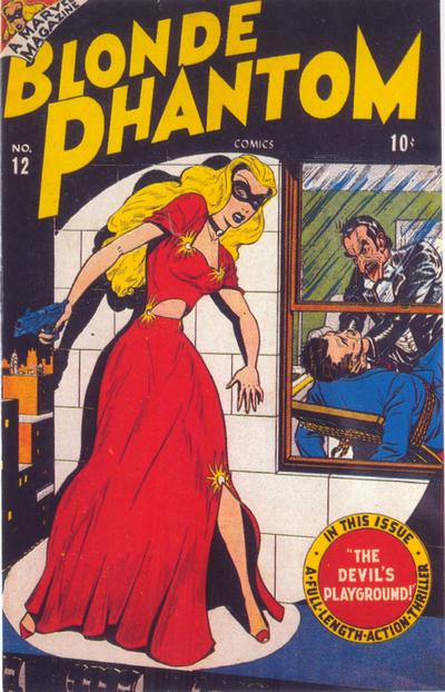 One interesting curiosity is that Marvel/Timely already had a character much like Dinah when she debuted. The Blonde Phantom had first appeared a full year earlier, and was a mousy blonde secretary to a private eye who became a glammy crimefighter (and her own romantic rival)