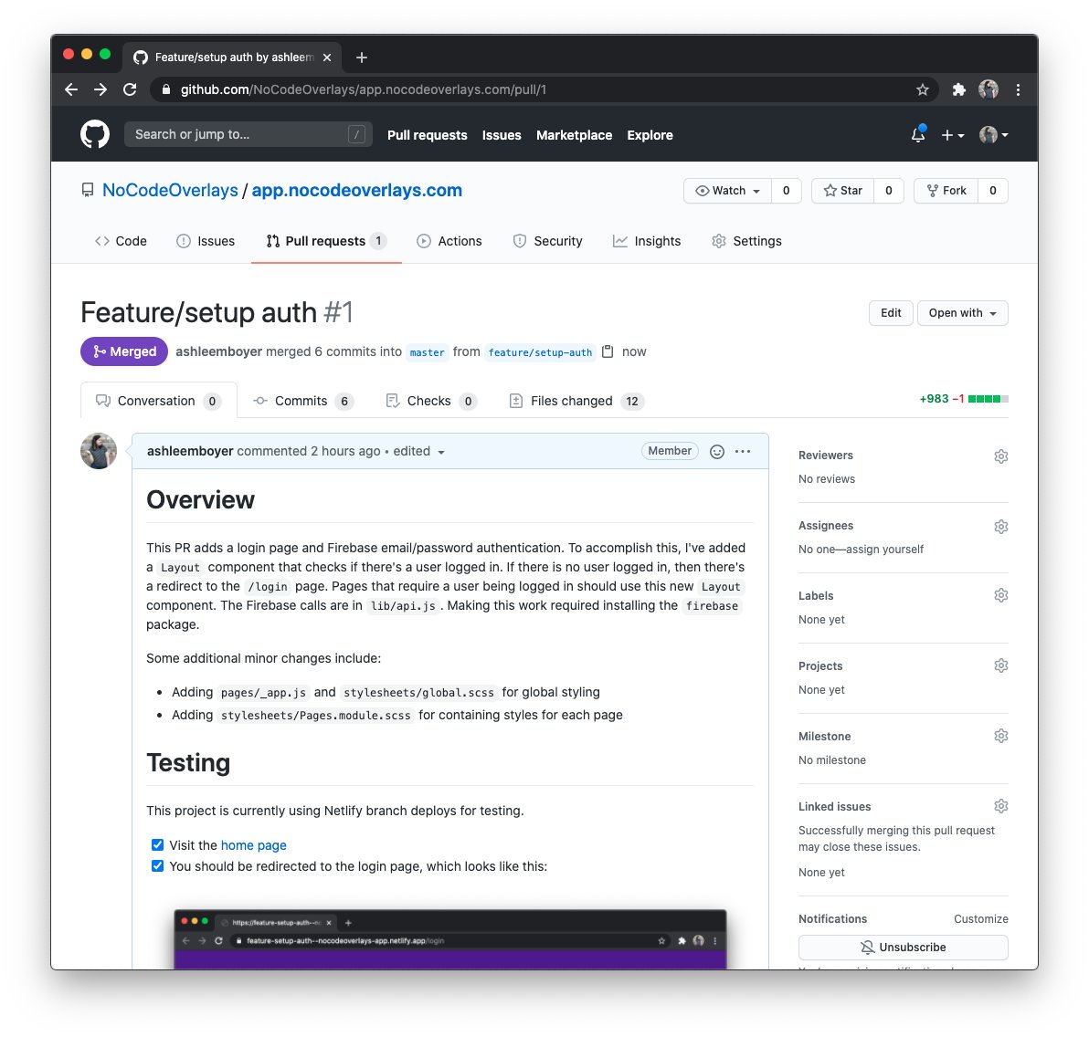 The first merged PR as shown in GitHub.