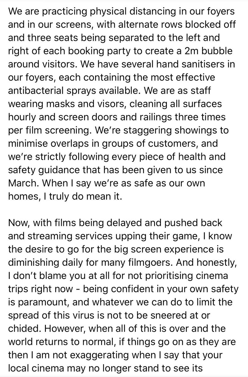 JordanMBKing's tweet photo. Some words on the state of play with cinema, an industry I work within and adore dearly and deeply. 

@vuecinemas @cineworld @MerlinCinemas @ODEONCinemas @picturehouses @CurzonCinemas @Cinema_UK @filmstoriespod 

#SaveTheCinema #FilmTwitter https://t.co/Qx7Q0x0nKo