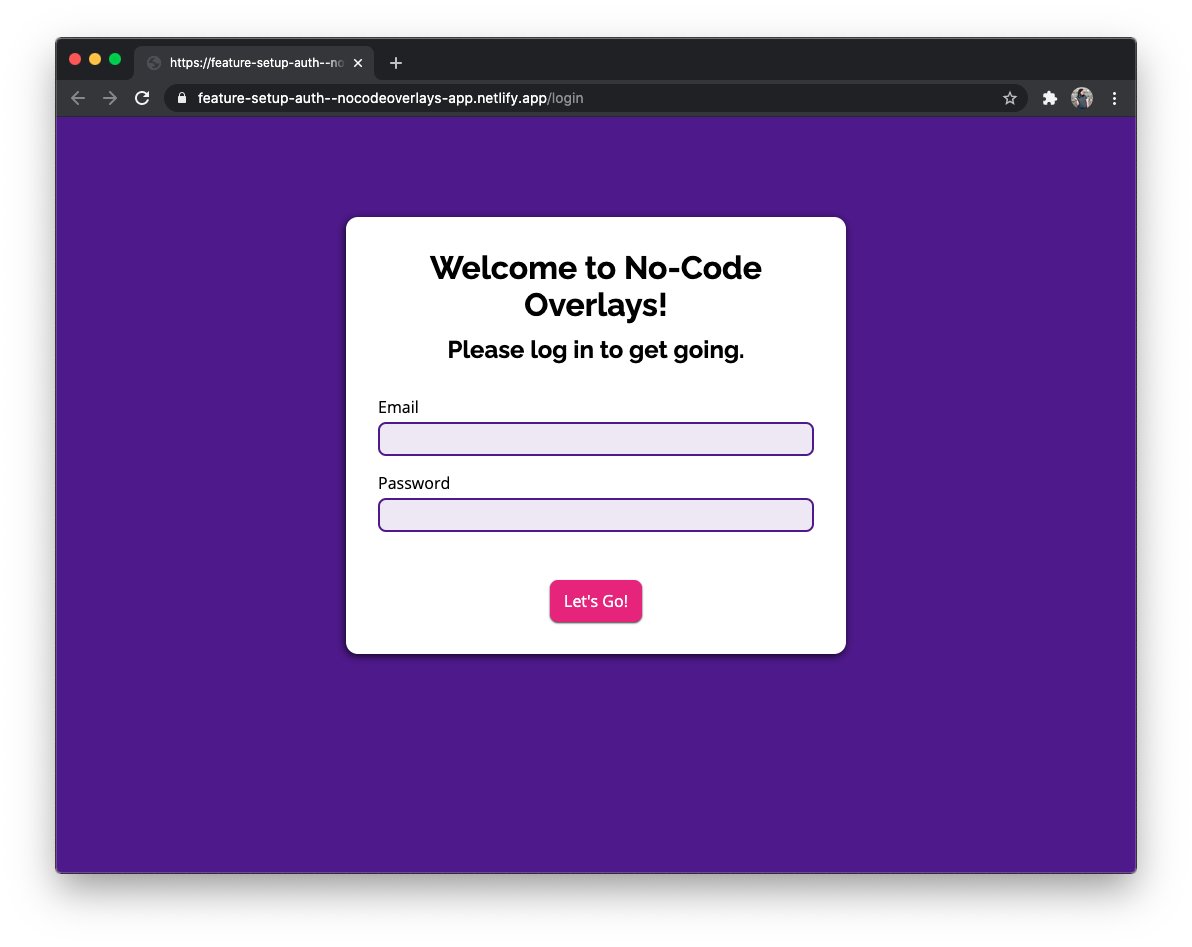 The No-Code Overlays login page. It shows email and password inputs in a white card on a dark purple background.