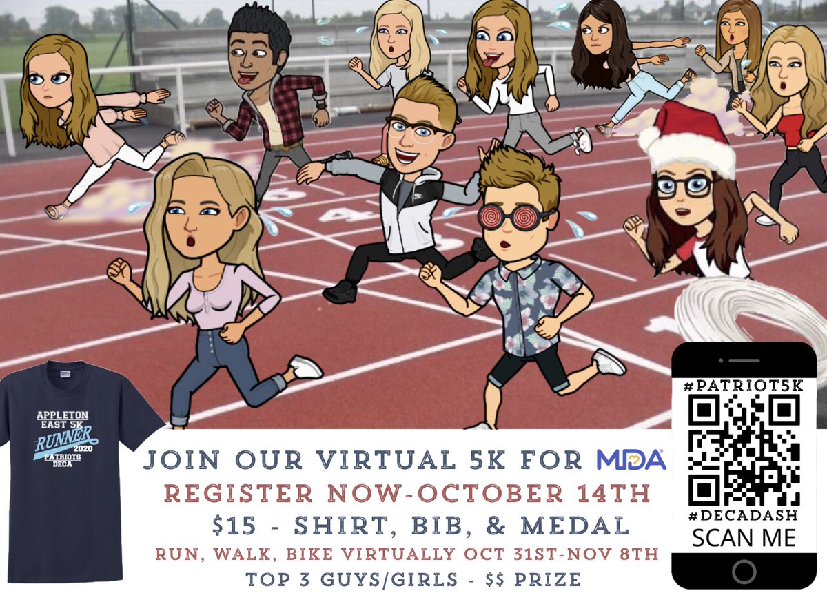 AEastDECA's tweet photo. Join our first Virtual 5K for MDA! The cost is $15, you will receive a tshirt, bib, &amp; medal! All profit will be donated to @MDAGreenBay!
Register: NOW-Oct 14th
Run/Walk/Bike: Oct 31st-Nov 8th
Top Times: $$
Join now!! Go to camera &amp; scan over the QR code! #Patriot5k #DECADash 🔷🏅 https://t.co/lnfRhrwypK