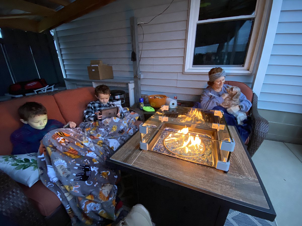 Adriene got a fireplace so we can enjoy some more nights by the pool even though it is closed. Not for sure if the boys are aware of the fire yet...