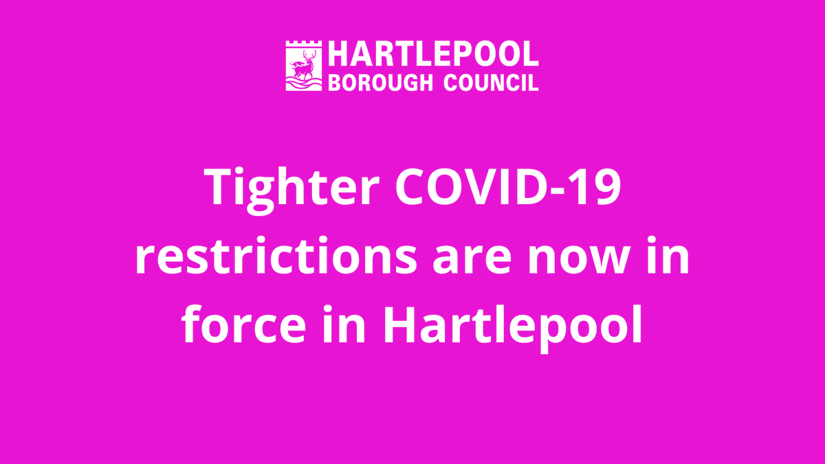 Please remember that tighter restrictions came into force in Hartlepool from 00:01 am this morning (Saturday 3 October) in a bid to stem the rising number of Coronavirus cases. For full details click here: bit.ly/2EU7tz6