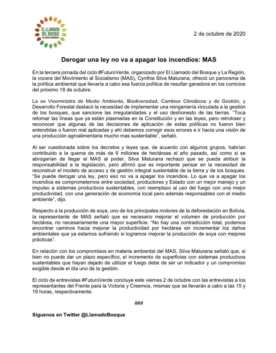 #Comunicado 

“Derogar una ley no va a apagar los incendios: MAS <a href="/BOmereceMAS/">MAS - IPSP</a>”

#FuturoVerde 🇧🇴🌿🌳