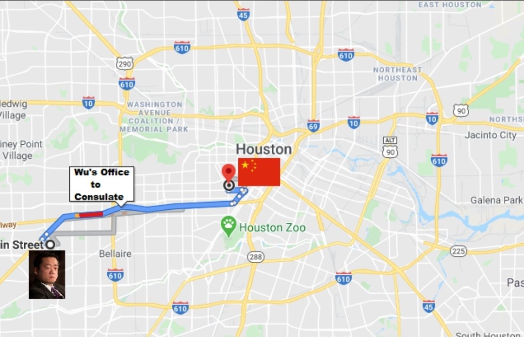 Here is a Google maps image showing Texas (D) Representative Gene Wu's Houston office in relation to the Chinese Consulate. As you can see it is very short commute for Wu to make his routine visits to the Chinese Consulate.