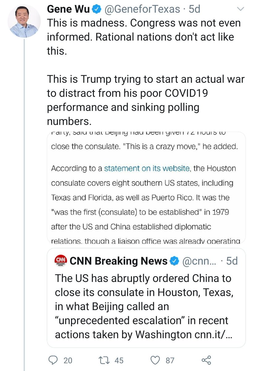 The Trump Admin. recently closed the Houston consulate and revealed China had continued their spying operations after warnings.Wu and and his allies immediately began shilling for the Chinese Gov. calling "eviction supporters extremists, warmongers, and -as if on cue- racist."