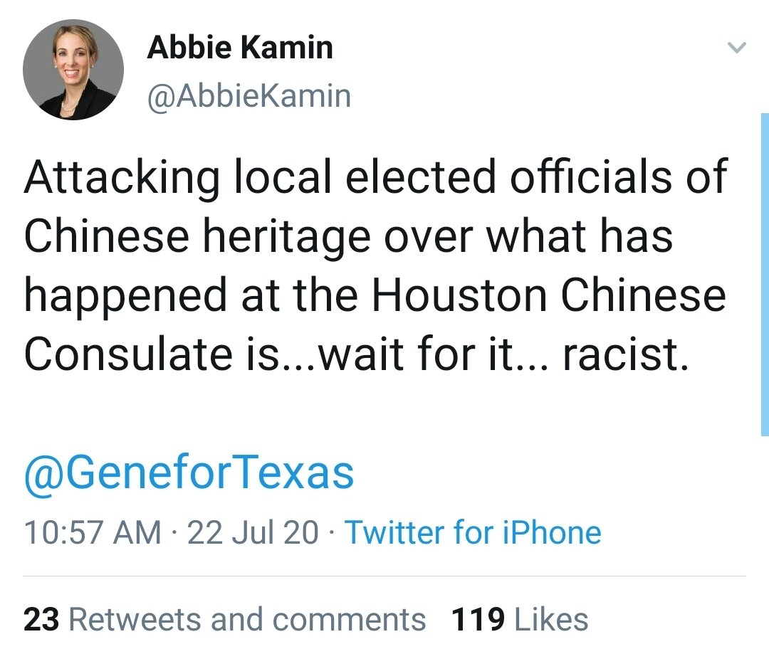 The Trump Admin. recently closed the Houston consulate and revealed China had continued their spying operations after warnings.Wu and and his allies immediately began shilling for the Chinese Gov. calling "eviction supporters extremists, warmongers, and -as if on cue- racist."
