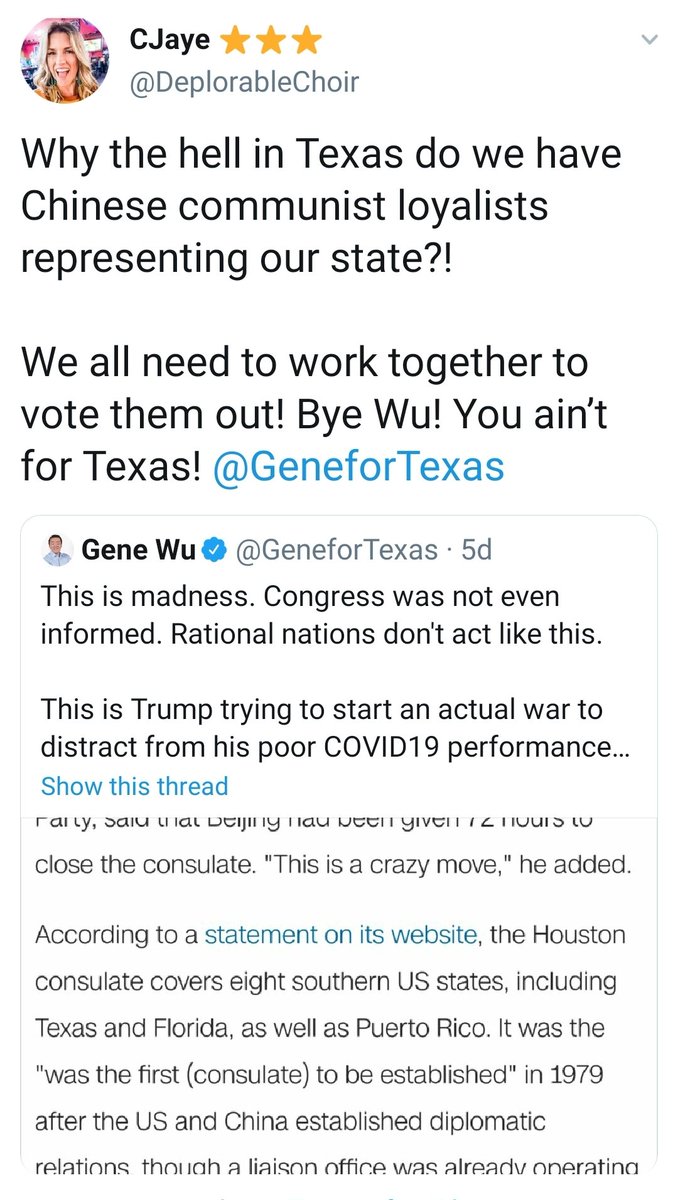 When Wu was confronted by Texans ( @DeplorableChoir) about his loyalties to China, Wu weirdly responded by saying "The Trumps are going to prison. Enjoy." He then followed up w/ another odd statement saying "I'm down" with 'Q Followers' to going to prison. "WWG1WGA"