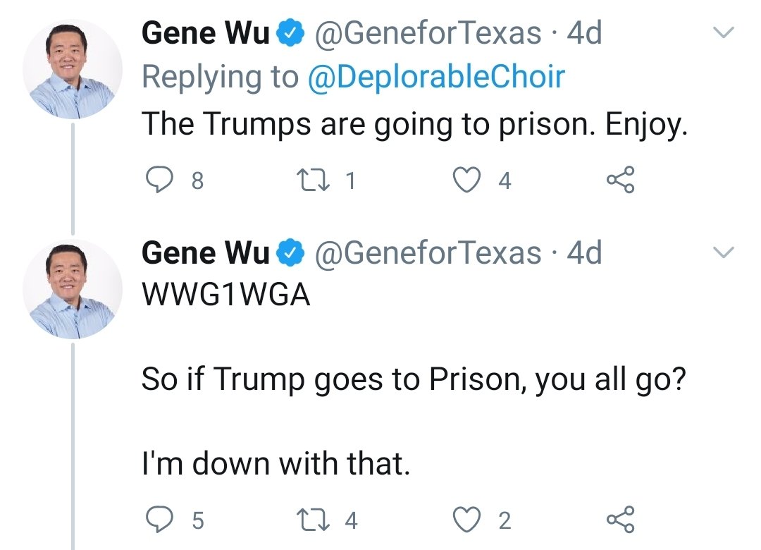 When Wu was confronted by Texans ( @DeplorableChoir) about his loyalties to China, Wu weirdly responded by saying "The Trumps are going to prison. Enjoy." He then followed up w/ another odd statement saying "I'm down" with 'Q Followers' to going to prison. "WWG1WGA"