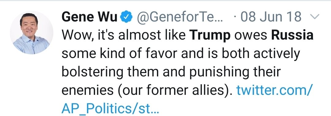 In addition to Wu being an Anti-Trump bigot, he also has a history of spreading Trump Russia conspiracy theories, and appears to support the "defund the police" movement.Wu's Twitter feed is full of Anti-Trump tweets that mimic CCP talking points. Coincidence or Collusion?