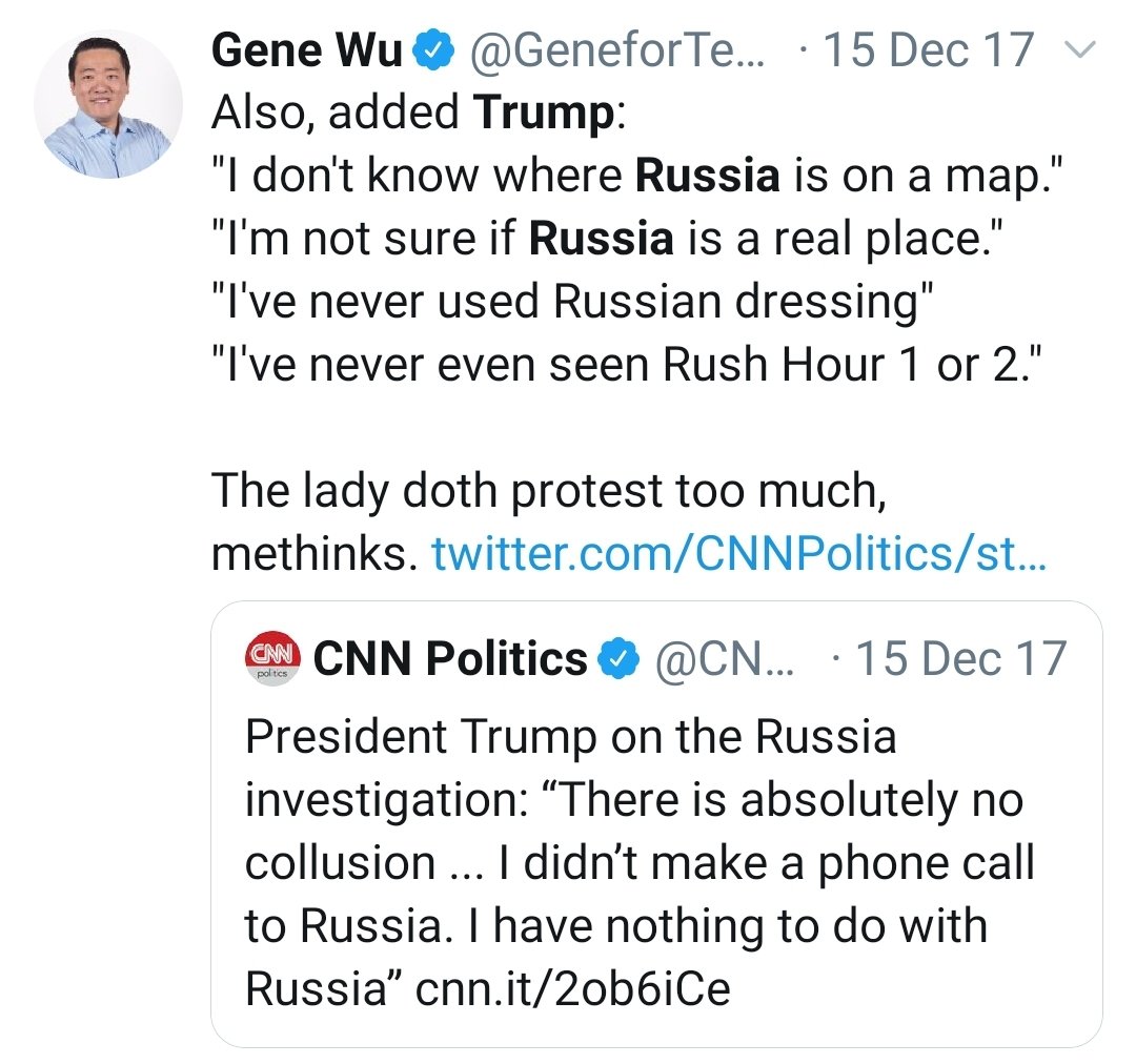 In addition to Wu being an Anti-Trump bigot, he also has a history of spreading Trump Russia conspiracy theories, and appears to support the "defund the police" movement.Wu's Twitter feed is full of Anti-Trump tweets that mimic CCP talking points. Coincidence or Collusion?