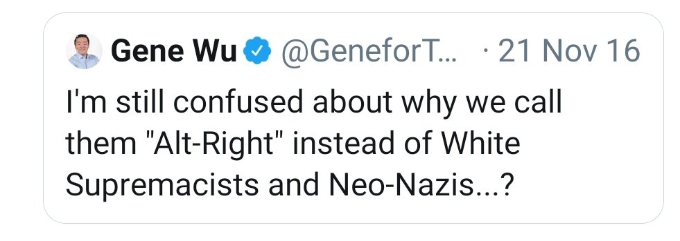Wu has several tweets displaying his bigotry while simultaneously commenting on the color of "White" skin. Which is commonly referred to as racismWu also routinely race baits by labeling those he disagrees w/ as "Alt-Right" and then labels the "Alt-Right" as "White Supremacist"