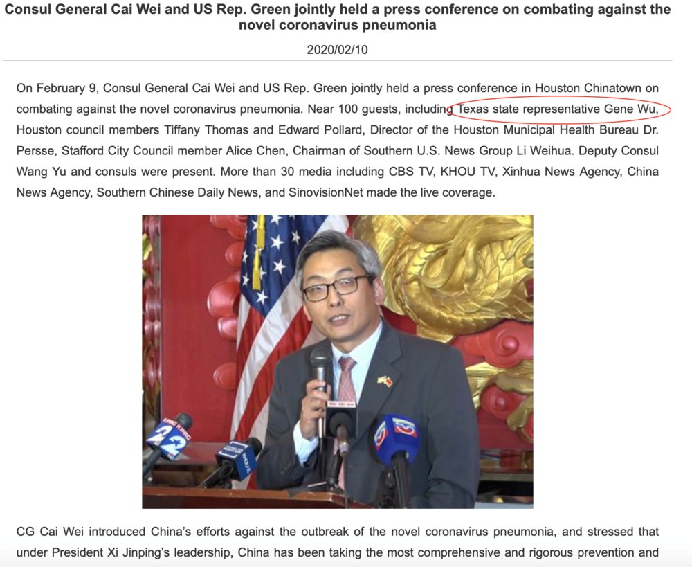 IMPORTANT NOTE: "Shay failed to note any conflict of interest in pursuing the exclusive interview with the consul general, despite her husband having worked with Cai in the recent past."Not sure how that one got past her editor without being disclosed.  https://www.houstoncourant.com/houston-voices/2020/rep-gene-wu-flacks-for-communist-china