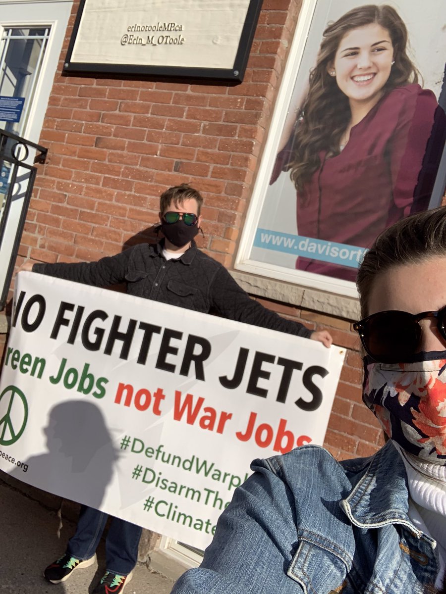 greerJacklen's tweet photo. We said #NoNewFighterJets today in #Bowmanville #durham outside of @erinotoole's office, we need a just and #GreenRecovery! @VOWPeace @newsdurham #buildingnotbombing https://t.co/YDLrJ4HprG