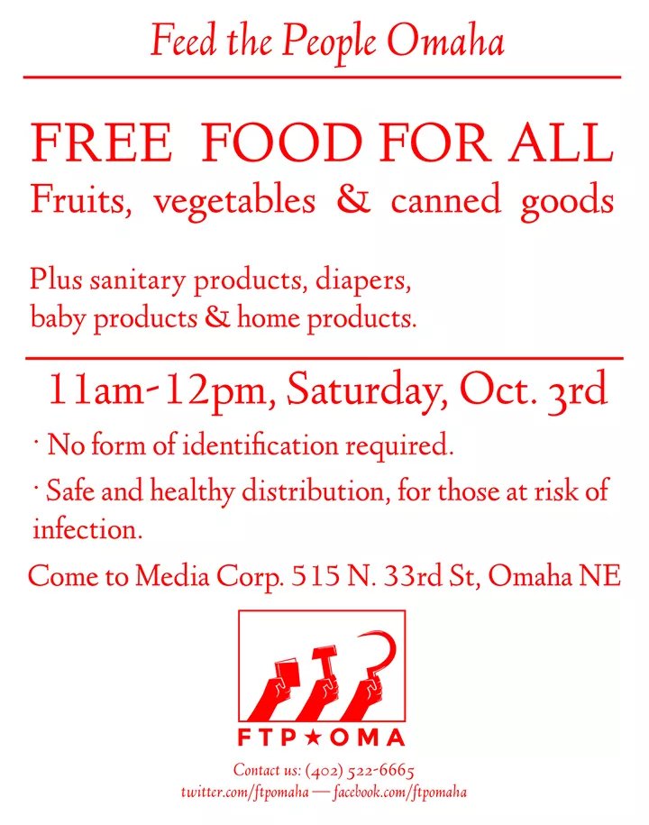 BigPapaPurr's tweet photo. Please share! Tomorrow is the first Saturday of the month! @ftpomaha will be giving out produce, canned goods, home products, and so on all in a safe and sanitary fashion! Come to Media Corp., 515 N. 33rd St, from 11-12 to receive these free goods! https://t.co/FX0CAgAKtE https://t.co/vodVaeQyWt