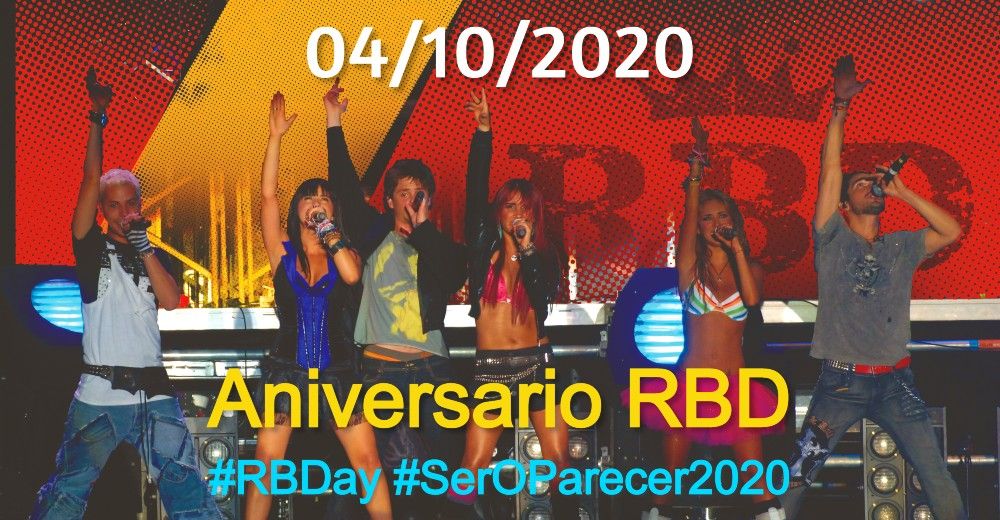 ¡Únete a la celebración por el Día Mundial de #RBD este 4 de octubre! 🥳🥳🥳 En punto de las 11AM MX / 12PM MIA / 1PM BR / 6PM ES Conéctate a la transmisión especial en nuestra página de Facebook. #RBDay #SerOparecer2020