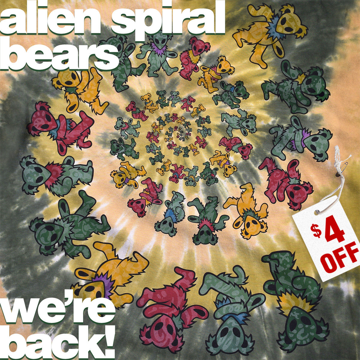 liquidbluetees's tweet photo. We're Back 👽 Alien Spiral Bears! - https://t.co/XSMRcAMSLM - $4 OFF Grateful Dead's Alien Spiral Bears Sizes S-3XL from $22.95 reg. $26.95! #gratefuldead #deadandcompany #deadco #alienbears #gdbears #dancingbears #aliens #ufo #hippie #deadheads https://t.co/UEukfRHmSD