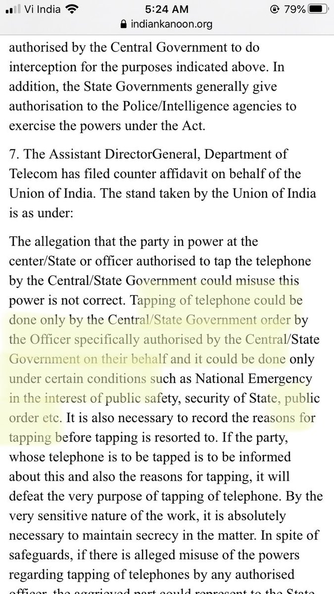 Supreme Court also laid down certain guidelines in PUCL Vs Union of India & found section 5(2) as valid (see highlighted part in pic 1). SC further said that allegation around misuse by Govt is also not correct as it can be done only for specified reasons (highlighted in pic 2).