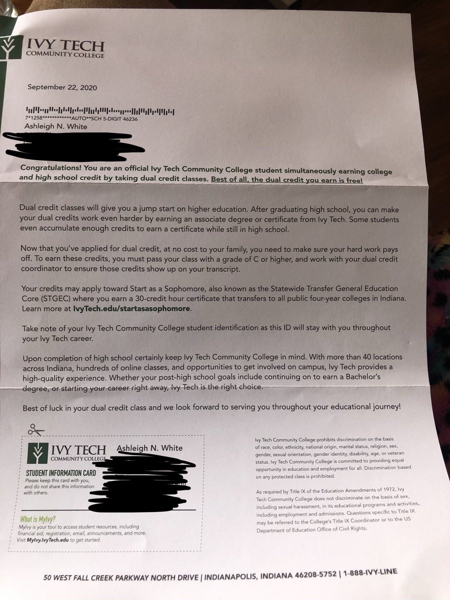 AshleighWhiteVB's tweet photo. Got accepted to Ivy Tech dual credit class program, while still in high school. How exciting that when I start my freshman year in college my credits may apply as a sophomore. https://t.co/AbnGHwgU46