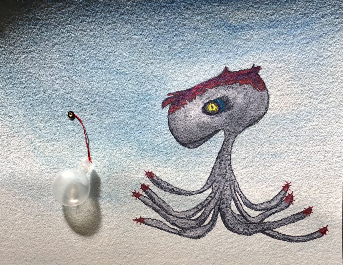 GFBOpodcast's tweet photo. I finished another Ocean Friends piece to help spread ocean &amp; plastic pollution awareness. 

Octavia the Octopus, Arches watercolor paper 9x12, Inktense pencils, plastic squeaky &amp; thread from an old dog toy, sequins. 
#PlasticPollution #oceanpollution #ArtistOnTwitter #octopus https://t.co/PoyJJ0cKCc