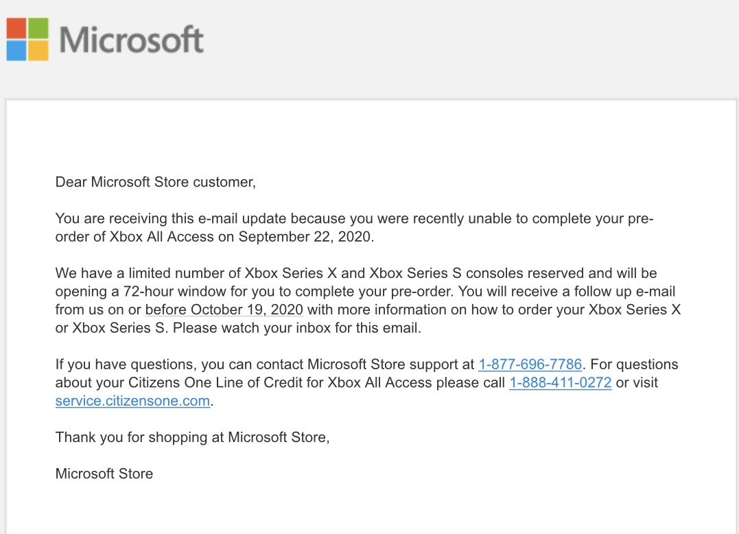 Wario64 Microsoft Store Is Sending Out Emails To People Who Couldn T Complete Preorders Through Xbox All Access A Limited Number Of Xbox Series S X Will Be Available In A 72 Hour