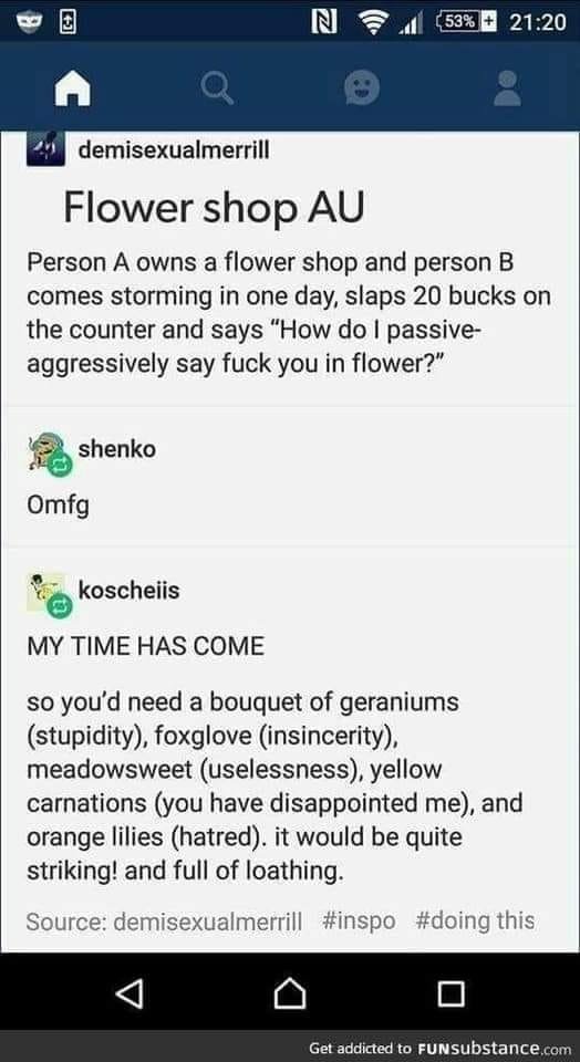 Saw this and my brain immediately went " #BKDK". Deku is the flowershop owner, Baku is the buyer. He's buying them for Monoma because he hates them but still has to work with him. Deku's just kinda surprised.