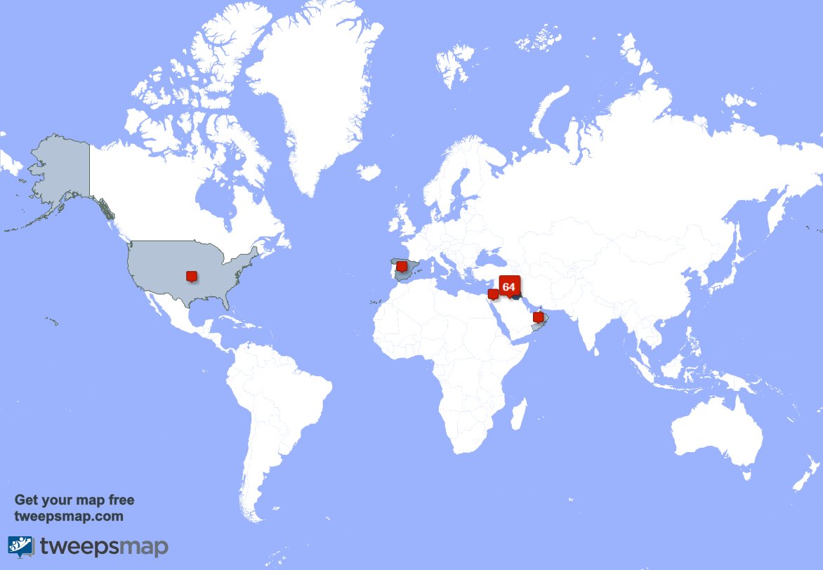 حسب tweepsmap.com/!hmodyamer حوالي68% من متابعيني يعيشون في العراق واسبانيا(15%),الولايات المتحده(6%)