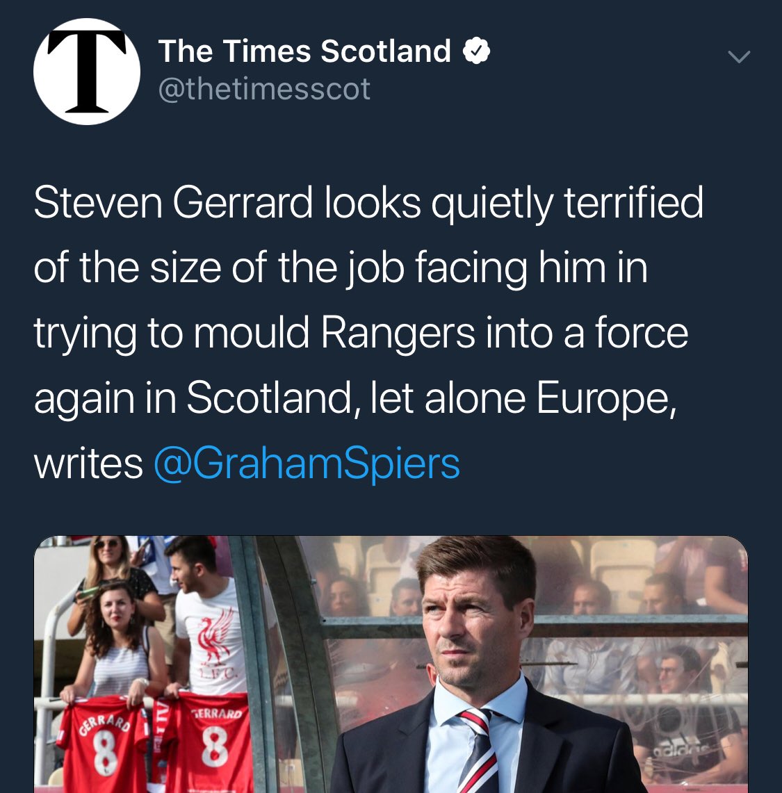 Graham Spiers couldn’t wait to stick the boot in. Basically claiming Steven Gerrard was shitting his pants at the challenge ahead.