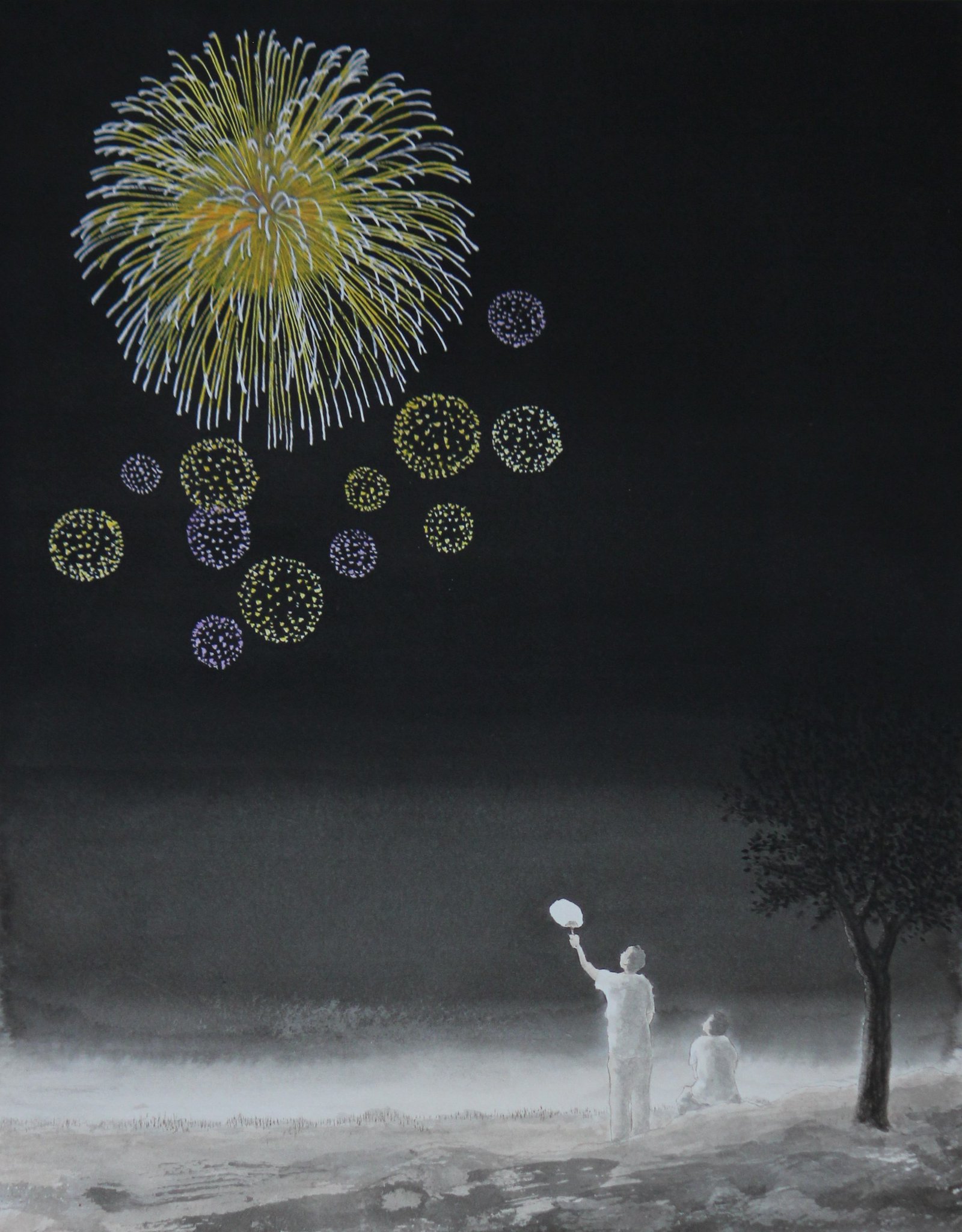 嶺 墨絵 来年は静かに夏をむかえたい 墨絵 水彩 花火