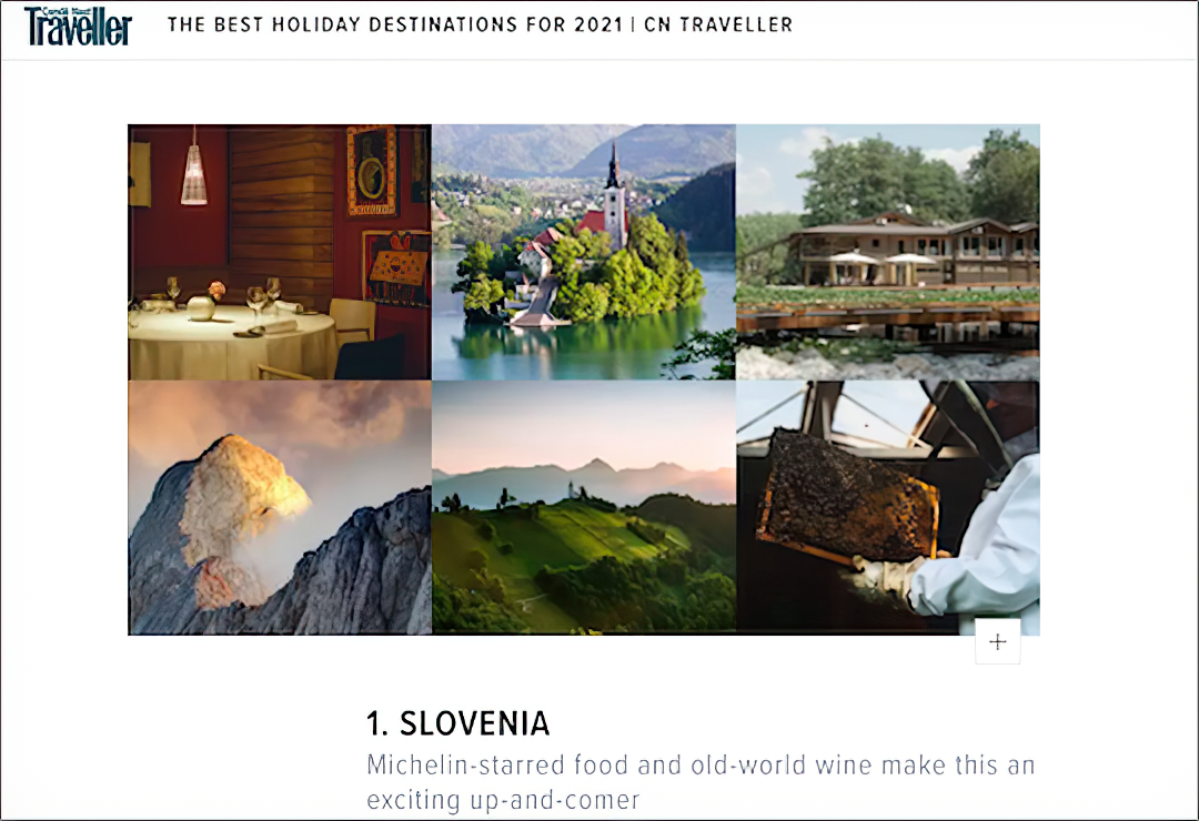 "#Slovenia, awarded European Region of #Gastronomy 2021 by IGCAT, has been selected as best holiday destination for 2021 by world-renowned luxury travel magazine, Condรฉ Nast Traveller. https://t.co/g0JrugCdC7 #bestholiday #travel #condenasttraveler https://t.co/qEvvmuMcQ0