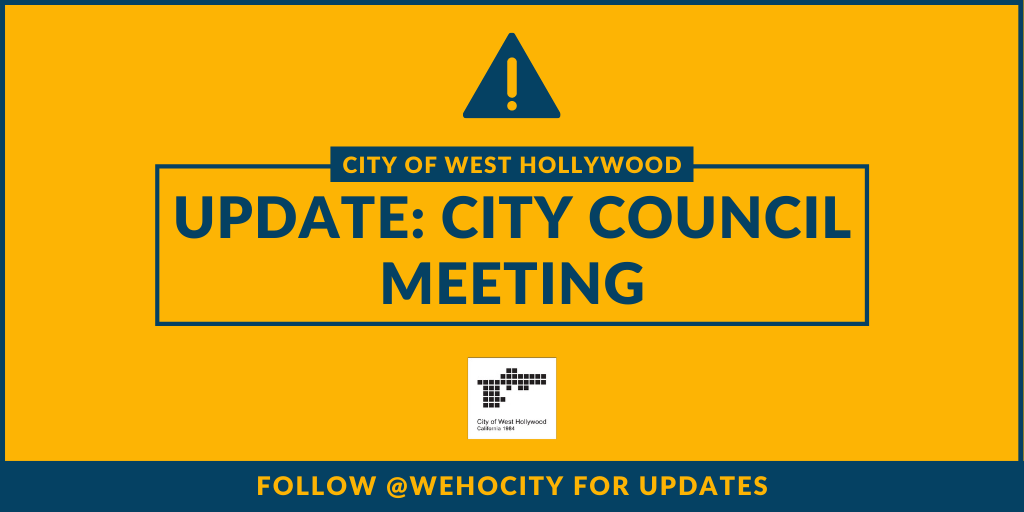 WehoTV's tweet photo. The October 5th City Council Meeting has been cancelled due to broadcast equipment technical difficulties.

All Items on the meeting agenda will move to the next regular meeting on October 19,  at 5:30 p.m. 

Info: https://t.co/kUb0sDk3tZ https://t.co/A1b2QwRaxn