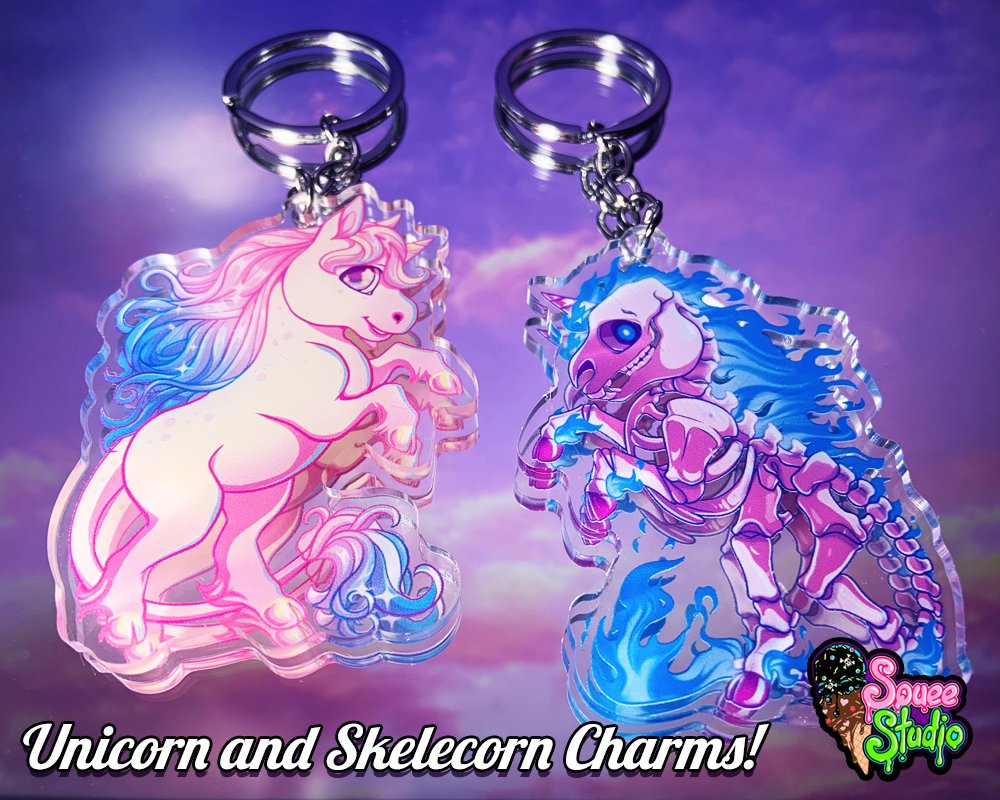 SqueeStudio's tweet photo. Cute, pastel, &amp; on sale! These unicorn &amp; skelecorn charms are up in our shop right now! That spooky skeleton unicorn is perfect for Halloween, don't you think? 🪦👻🦄💜

Don't forget coupon code HOTNEWLOOK for free domestic shipping on orders over 35$!

https://t.co/NyTGqoIqlG https://t.co/ppOW5L7Col