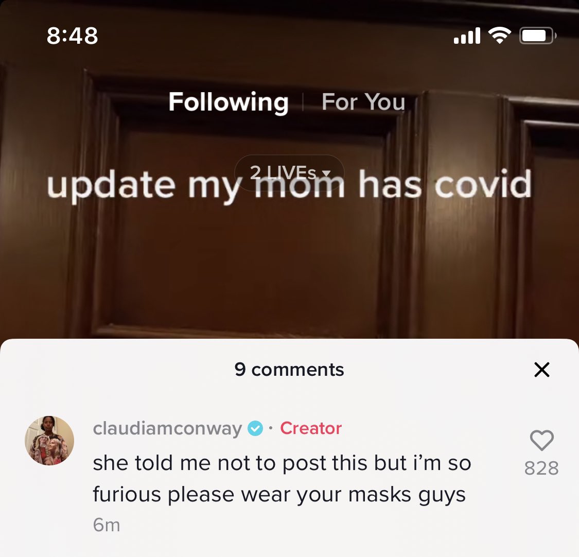 Claudia Conway also commented that her mother asked her not to post the information and added a plea for people to wear masks: