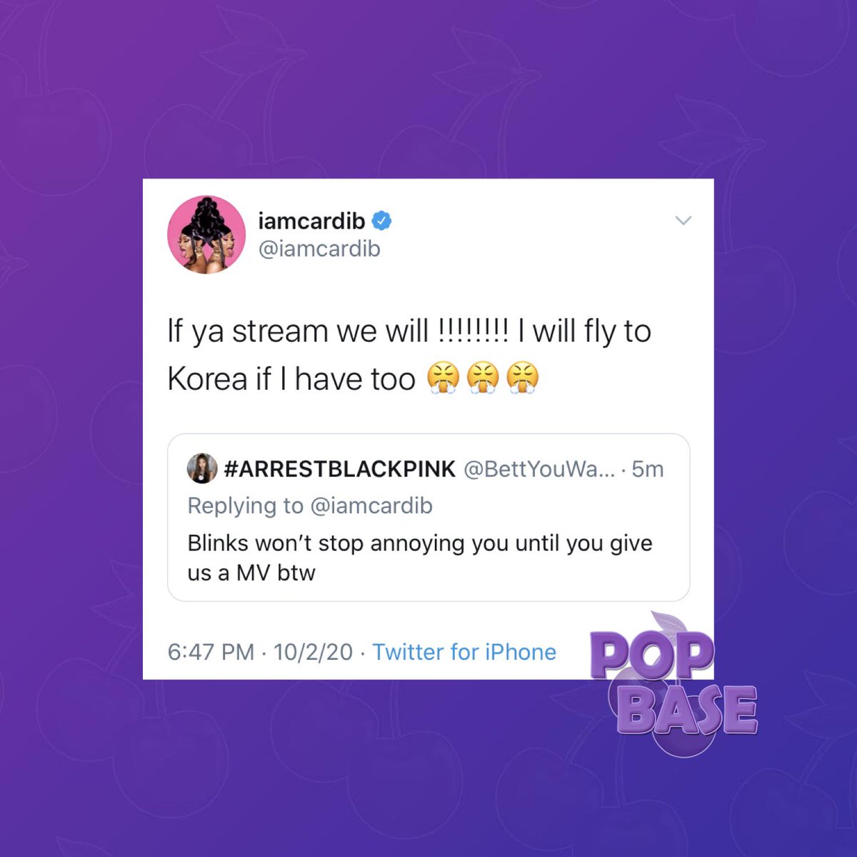 Pop Base On Twitter Cardi B Reveals She Is Willing To Film A Music Video With Blackpink For Their Collaboration Bet You Wanna I Will Fly To Korea If I Have Too