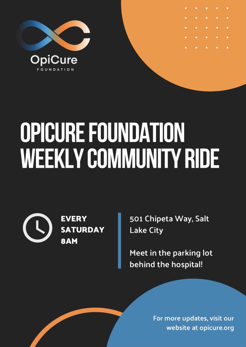 Hey Utah, grab your bicycle and come ride with us every Saturday morning at 8AM. The OpiCure Foundation Community Ride! Raising awareness and support for those struggling with Opioid Addiction. <a href="/hornerakg/">Chris Horner</a> <a href="/UofUHealth/">University of Utah Health</a> <a href="/cleancause/">CLEAN Cause</a> <a href="/rapha/">Rapha</a> <a href="/ManenTail/">Mane 'n Tail</a> <a href="/TourofUtah/">The Tour of Utah</a> <a href="/VisitSaltLake/">Visit Salt Lake</a>