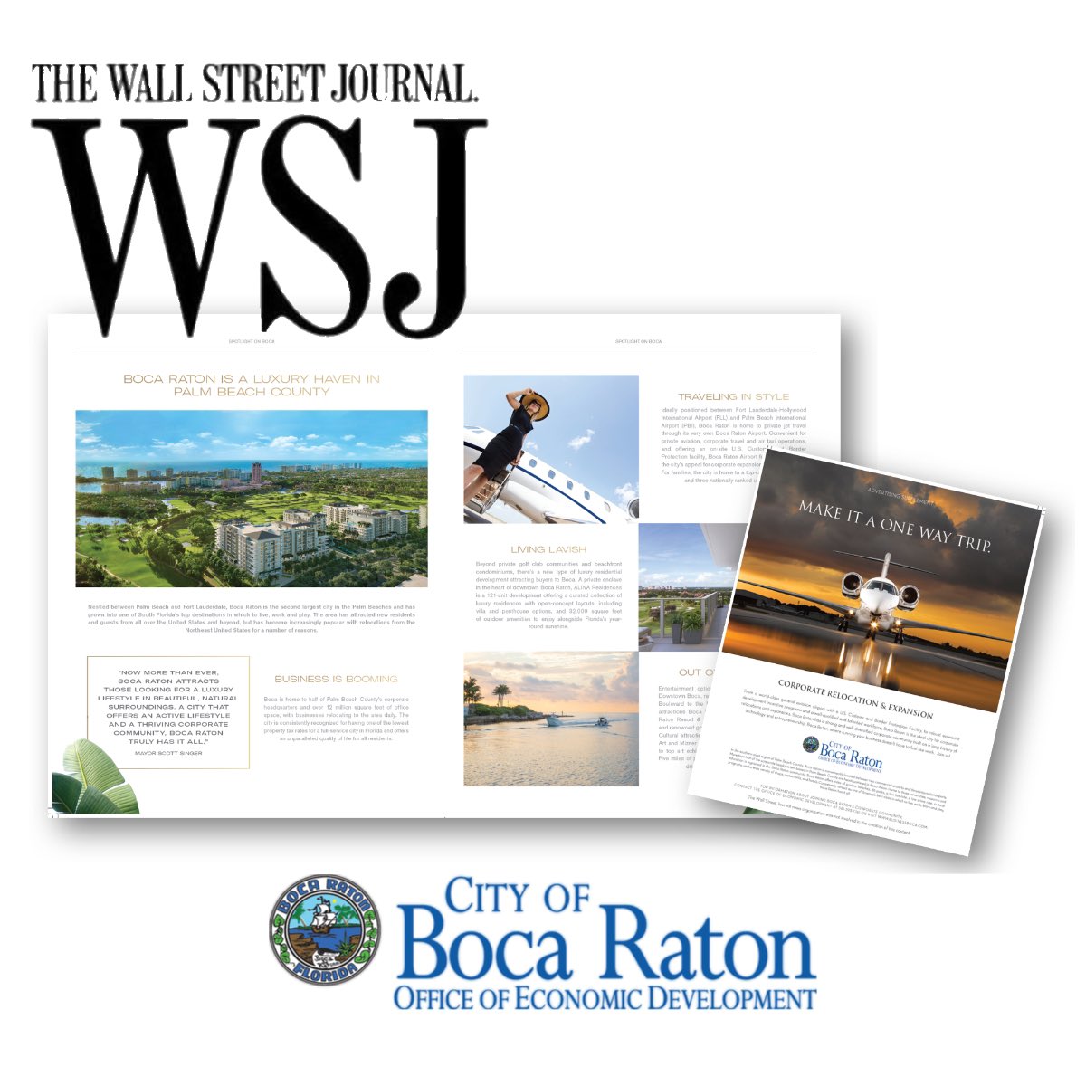 BocaDev's tweet photo. Such an incredible opportunity to showcase our beautiful city! Today our multi-page spread was part of the @WSJ print edition.  Thank you @alinabocaraton for including us.  

#GoodBetterBoca
#InATimeWhenWeCanWorkFromAnywhere
#ChooseParadise
#LiveBetterLiveBoca
#JoinUs https://t.co/jMxY7M9UxP