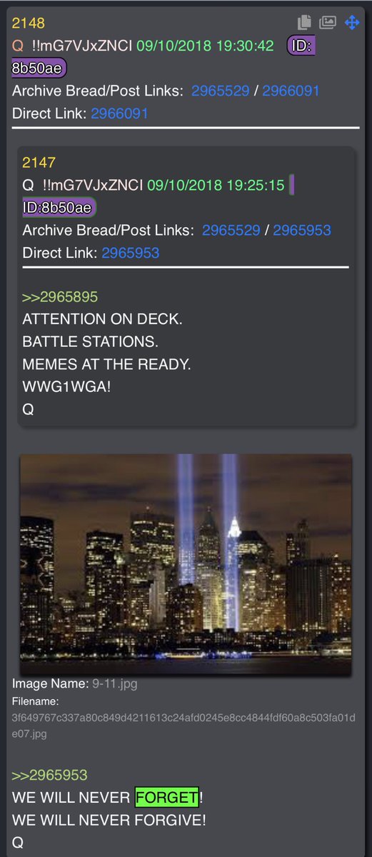 2147ATTENTION ON DECK.BATTLE STATIONS.MEMES AT THE READY.WWG1WGA!Q￼Image Name: 9-11.jpgFilename: 3f649767c337a80c849d4211613c24afd0245e8cc4844fdf60a8c503fa01de07.jpg>>2965953WE WILL NEVER FORGET!WE WILL NEVER FORGIVE!Q