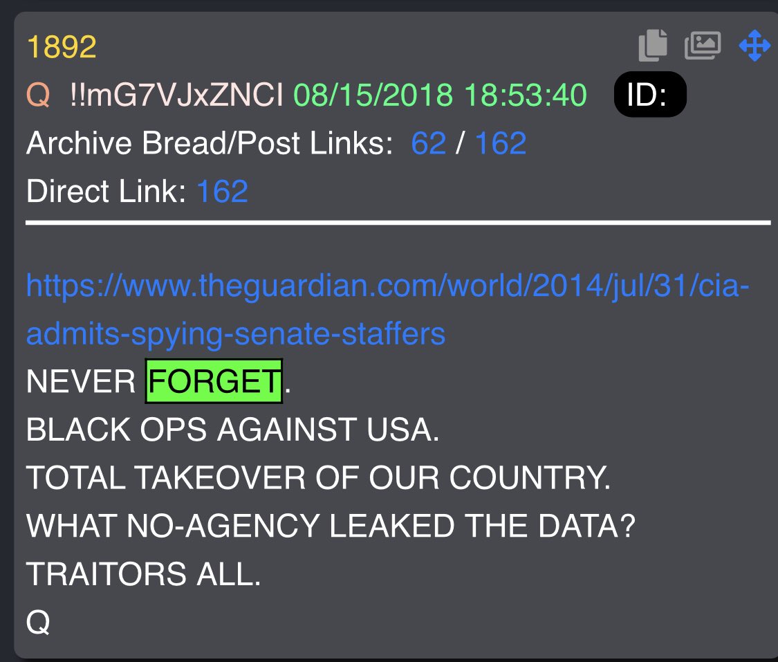  https://www.theguardian.com/world/2014/jul/31/cia-admits-spying-senate-staffersNEVER FORGET.BLACK OPS AGAINST USA.TOTAL TAKEOVER OF OUR COUNTRY.WHAT NO-AGENCY LEAKED THE DATA?TRAITORS ALL.Q