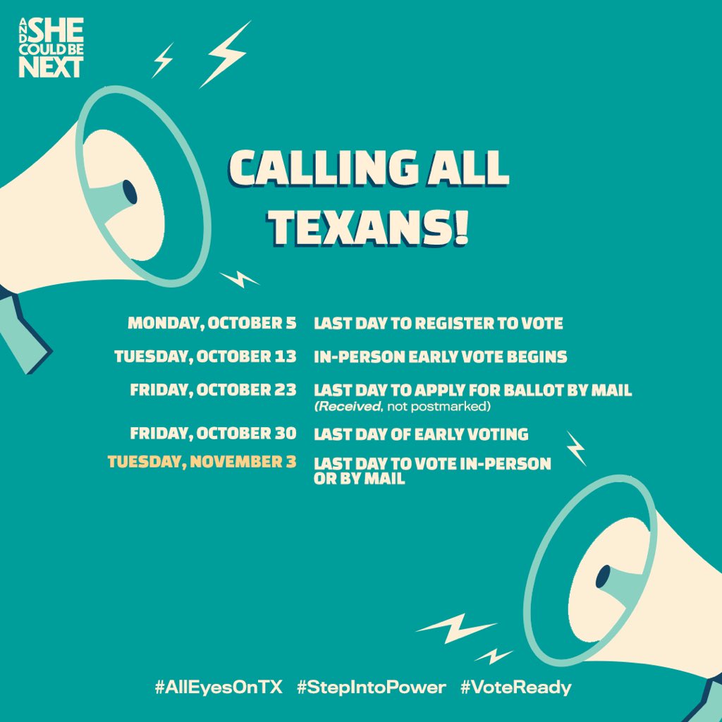 PuroPincheSA's tweet image. Calling all Tejanas &amp;amp; Tejanos! Mask or mail, the last day that we can register to vote is THIS MONDAY October 5th. ​@Shecouldbenext has everything you need to register, check voting status &amp;amp; educate you on your rights at polls andshecouldbenext.com/movement #AllEyesOnTX #StepIntoPower