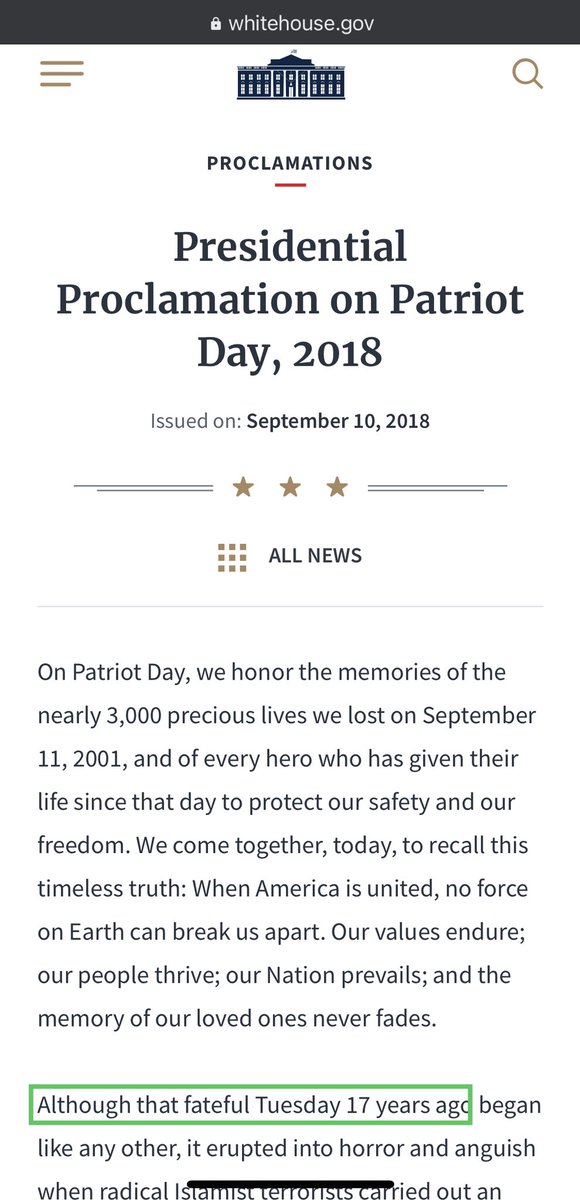  http://www.military.com/video/operations-and-strategy/terrorism/powerful-must-see-9-11-tribute/2663294173001We Will Never FORGET!We Will Never FORGIVE! https://www.whitehouse.gov/presidential-actions/presidential-proclamation-patriot-day-2018/PATRIOT DAY.Q