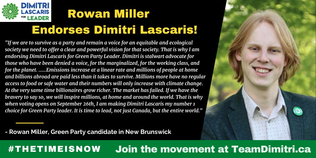 dimitrilascaris's tweet photo. #TheTimeIsNow to #VoteDimitri
"If we are to... remain a voice for an equitable & ecological society, we need to offer a clear & powerful vision for that society. That is why I am endorsing Dimtri Lascaris for @CanadianGreens Leader."
Thanks Rowan!
@younggreenscan @YGOntario https://t.co/KxMbo2F7se