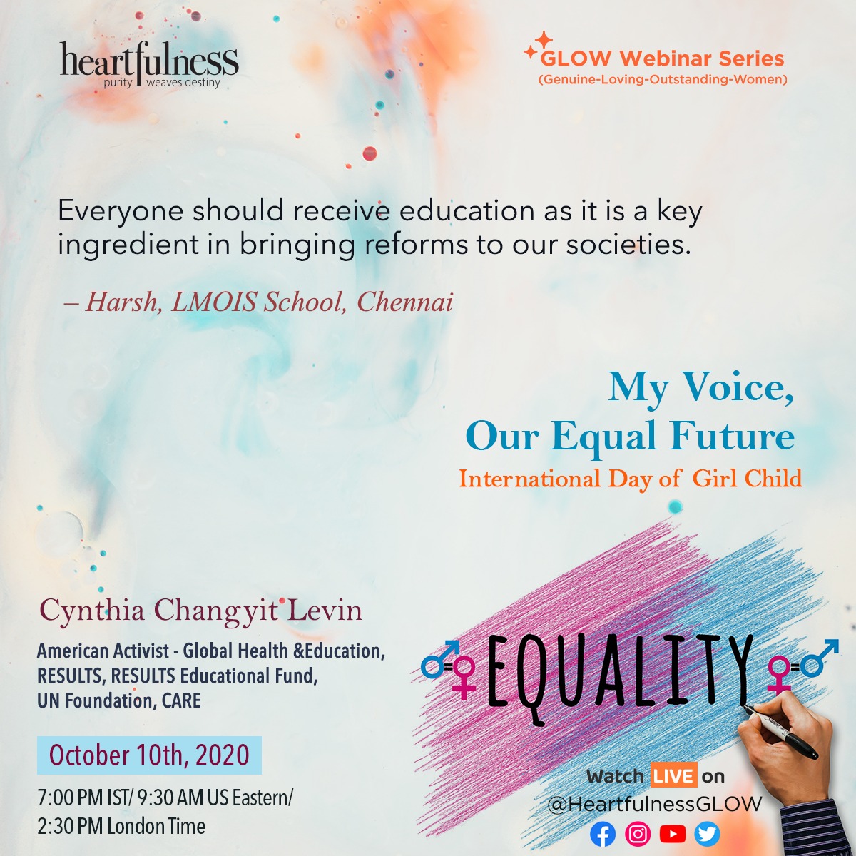 HFNGLOW's tweet photo. Cynthia Changyit Levin, American Activist, joins us on United Nations International Day of Girl Child’s & talks about “My Voice, Our Equal Future”.
#dayofthegirl #GirlsGetEqual #DayOfTheGirlTODAY #GirlHero #GirlChild #IDG2020 #IDG #GirlPossible #OurGirlsMatter #innerpeace #Glow https://t.co/plsBBQIDLj