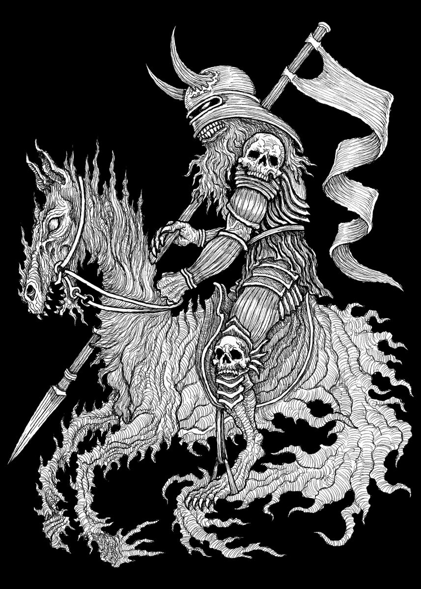 The demon Eligos on his phantom steed.

➡️ bit.ly/azhmodai

#inktober #inktober2020 #wisp #eligos #eligor #demon #devil #hell #satan #arsgoetia #dictionnaireinfernal #lesserkeyofsolomon #ink #drawing #penandink #sketch #horror #scary #spooky #halloween #samhain #darkart
