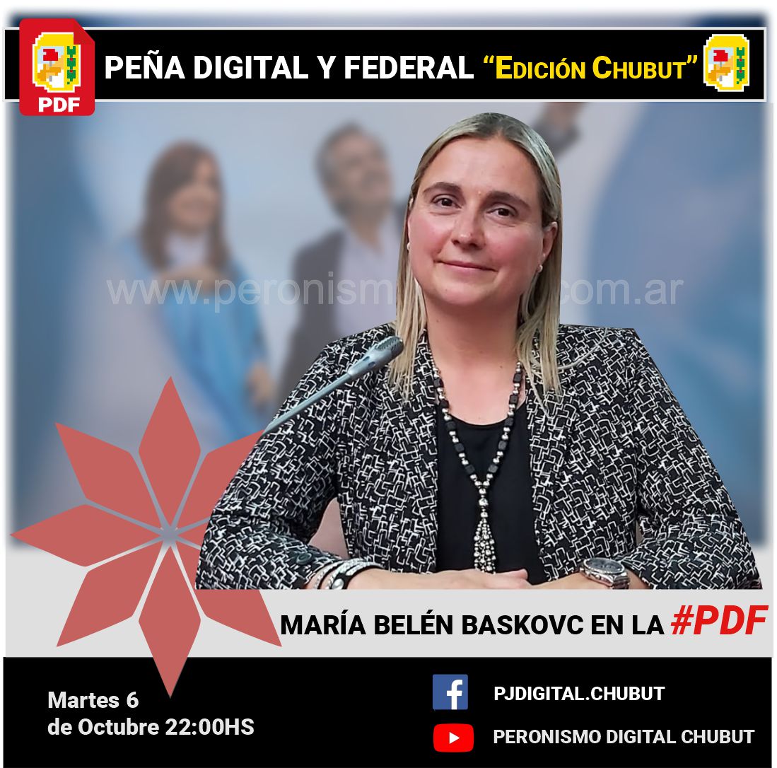 pjdigitalchubut's tweet photo. Agendate ➡️ este martes 6 de Octubre a las 22:00hs en la Peña Digital y Federal #PDF Edición #Chubut charlamos con la compañera  @baskovcmariabel #BelenEnPDF #CiberActivismoPD https://t.co/5P8GBjnmCd