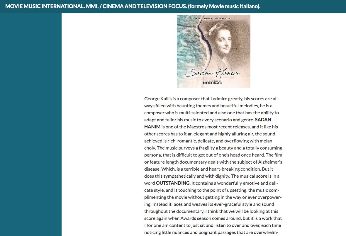 Sadan Hanım Filmi Müzikleri Albümü dünya basınında.   
George Kallis tarafından bestelenen Sadan hanım filmi müziklerinden oluşan albüm, Movie Music International'da yer alan habere göre müzik otoritelerinden tam not aldı. 
İyi müzikler...  
@musicbygeorgekallis <a href="/gokselgulensoy/">Göksel Gülensoy</a>