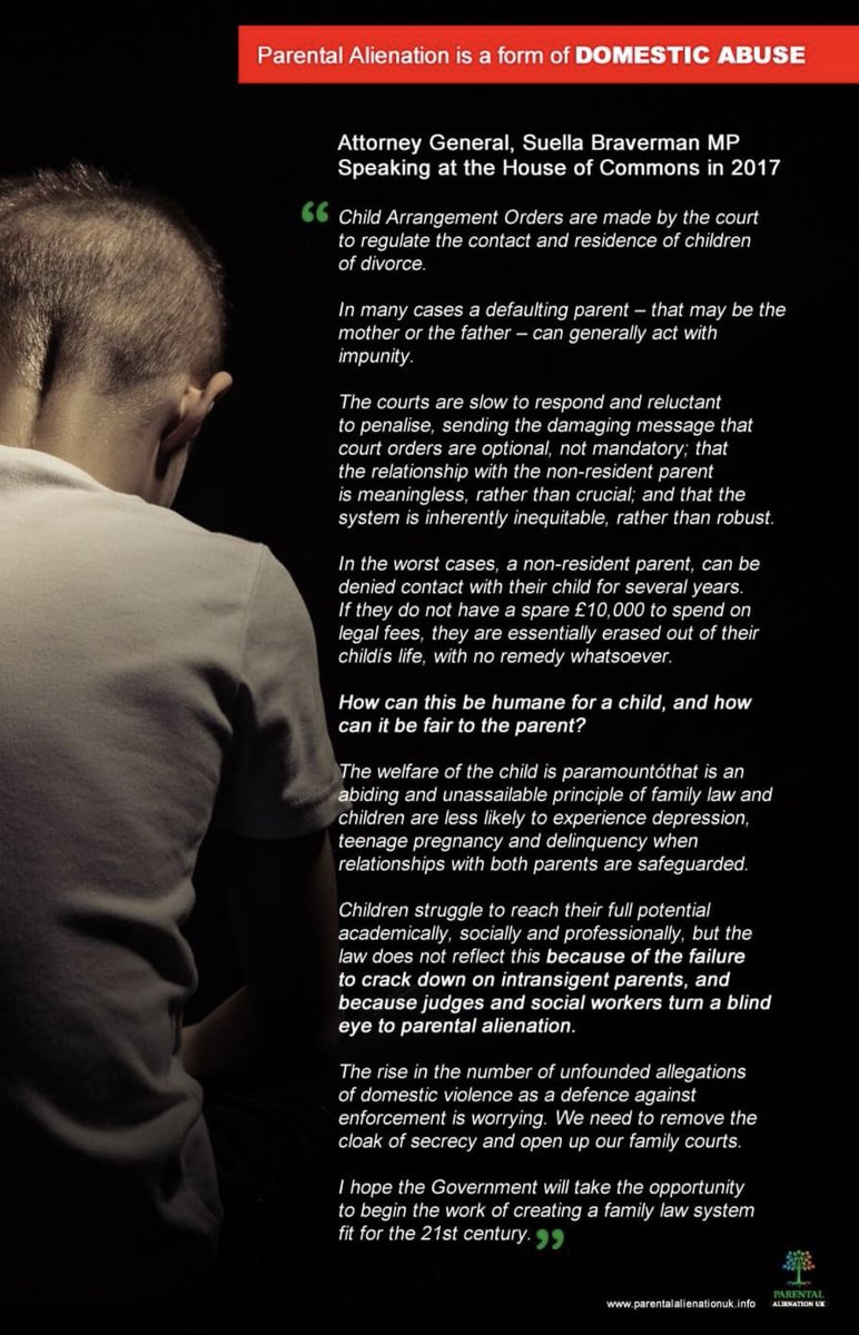 PAlienationuk's tweet photo. A statement of truth from our Attorney General, Suella Braverman QC. This burning issue hasn’t ended. It isn’t ‘humane’ nor ‘just’. It is your responsibility to protect victims. Yours. What will you do?
@MoJGovUK @Jacob_Rees_Mogg 
@VictimsComm 
@LDNVictimsComm 
@MyCafcass https://t.co/9m0mYqdDzH