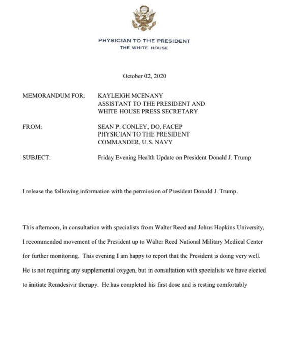 White House physician says President Trump "is not requiring any supplemental oxygen" but has started Remdesivir therapy.  https://nbcnews.to/33r91Kq 