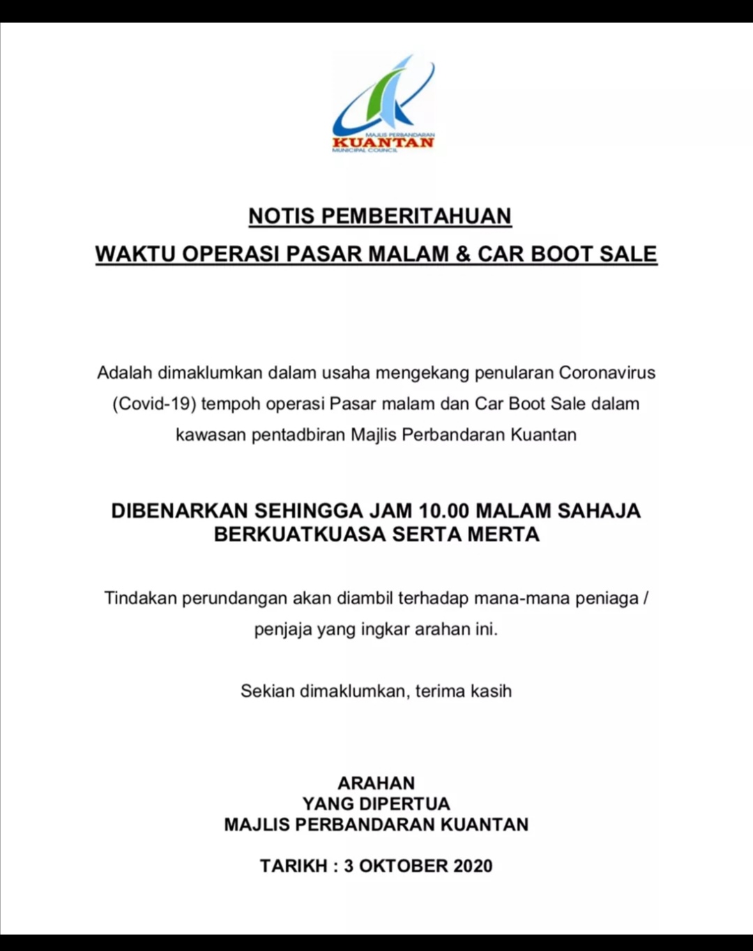 Pahangmedia On Twitter Notis Pemberitahuan Waktu Operasi Pasar Malam Dan Carboot Sale Majlis Perbandaran Kuantan Https T Co Ayhiijxcds Twitter
