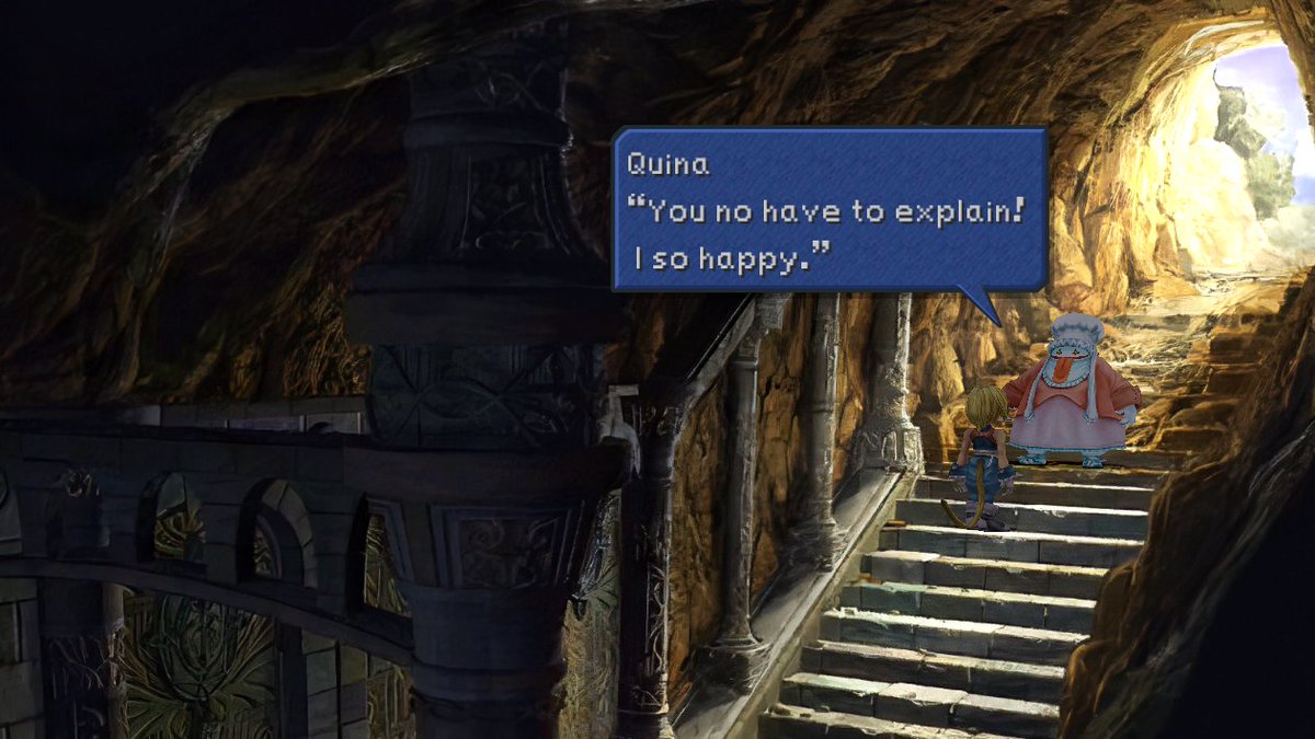 The inevitable punchline when Zidane describes Quina as "leftovers." I really like Quina and Zidane together, I think they'd have a good dynamic going even if they were the only PCs in the game. Zidane has a lot of patience and I think he enjoys Quina's enthusiasm.